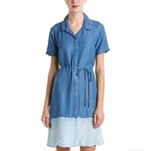 SPLENDID DENIM CHAMBRAY DIP-DYE BUTTON UP  SHIRT DRESS WITH TIE. SIZE X-SMALL.